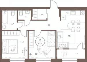 2-к квартира, вторичка, 62м2, 13/16 этаж