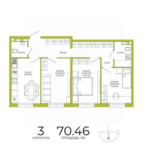 3-к квартира, строящийся дом, 70м2, 7/18 этаж