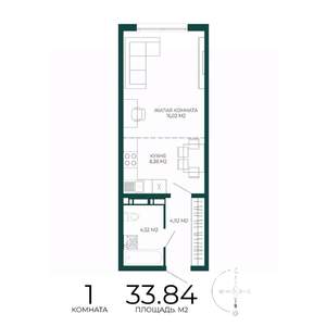 1-к квартира, строящийся дом, 34м2, 11/17 этаж