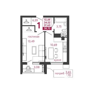 1-к квартира, вторичка, 39м2, 1/5 этаж