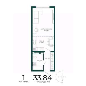 1-к квартира, строящийся дом, 34м2, 6/17 этаж