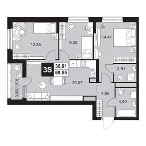 4-к квартира, вторичка, 70м2, 1/20 этаж