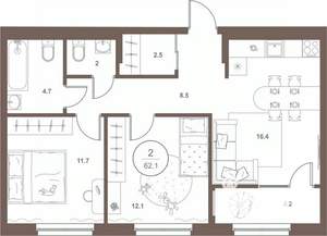2-к квартира, вторичка, 62м2, 2/16 этаж
