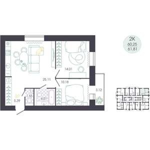 2-к квартира, вторичка, 64м2, 13/16 этаж