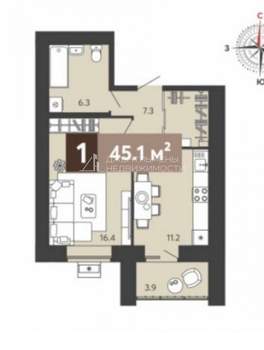 1-к квартира, сданный дом, 45м2, 4/17 этаж