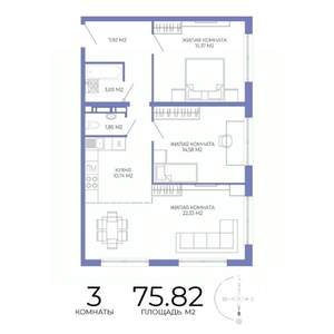 3-к квартира, строящийся дом, 76м2, 8/17 этаж
