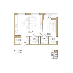 1-к квартира, вторичка, 64м2, 16/18 этаж