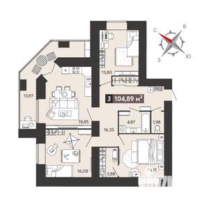 3-к квартира, строящийся дом, 105м2, 1/18 этаж