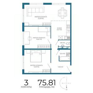 3-к квартира, строящийся дом, 76м2, 9/17 этаж