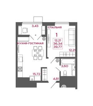 1-к квартира, вторичка, 40м2, 12/22 этаж