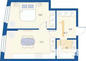1-к квартира, вторичка, 42м2, 1/16 этаж