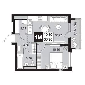 2-к квартира, вторичка, 39м2, 6/20 этаж