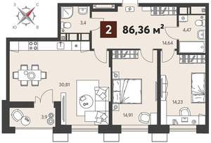 2-к квартира, вторичка, 86м2, 9/18 этаж