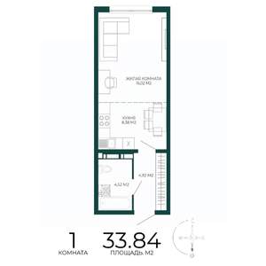 1-к квартира, строящийся дом, 34м2, 6/17 этаж