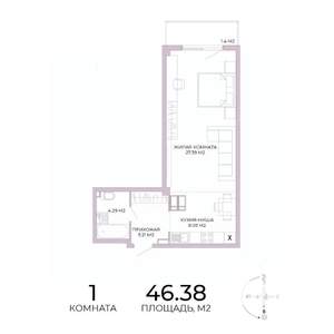 1-к квартира, строящийся дом, 46м2, 13/17 этаж