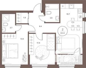2-к квартира, вторичка, 64м2, 9/16 этаж