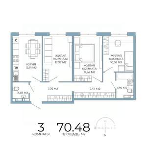 3-к квартира, строящийся дом, 70м2, 11/18 этаж