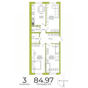3-к квартира, строящийся дом, 85м2, 11/18 этаж