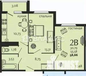 2-к квартира, вторичка, 59м2, 1/5 этаж