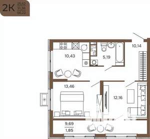 2-к квартира, вторичка, 56м2, 6/17 этаж
