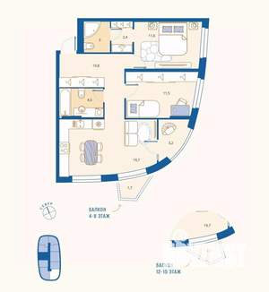 2-к квартира, вторичка, 68м2, 6/16 этаж