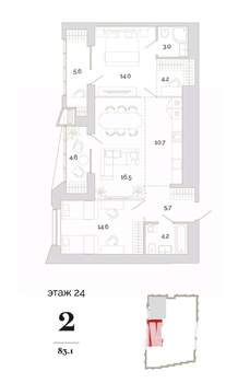 2-к квартира, вторичка, 83м2, 24/24 этаж