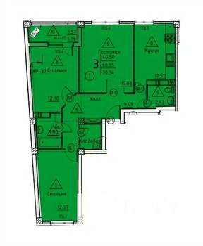 3-к квартира, строящийся дом, 70м2, 15/18 этаж