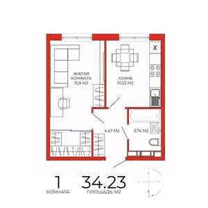 1-к квартира, строящийся дом, 34м2, 14/18 этаж