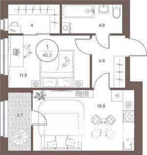 1-к квартира, вторичка, 46м2, 8/16 этаж