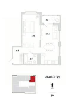 1-к квартира, вторичка, 56м2, 17/24 этаж