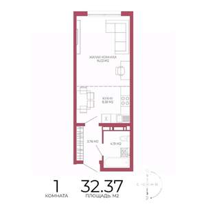 1-к квартира, строящийся дом, 32м2, 8/18 этаж