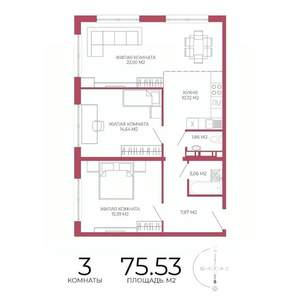 3-к квартира, строящийся дом, 76м2, 6/18 этаж