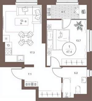 1-к квартира, вторичка, 47м2, 11/16 этаж