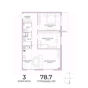 3-к квартира, строящийся дом, 79м2, 3/17 этаж