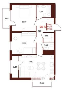 2-к квартира, вторичка, 69м2, 13/18 этаж
