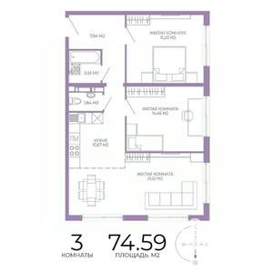 3-к квартира, строящийся дом, 75м2, 2/17 этаж