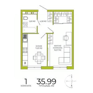 1-к квартира, строящийся дом, 36м2, 18/18 этаж