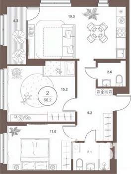2-к квартира, вторичка, 66м2, 9/16 этаж