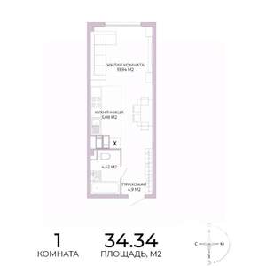 1-к квартира, строящийся дом, 34м2, 2/17 этаж