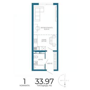 1-к квартира, строящийся дом, 34м2, 7/17 этаж