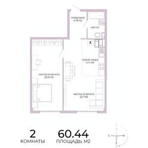 2-к квартира, строящийся дом, 60м2, 16/17 этаж