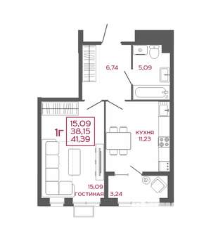1-к квартира, вторичка, 41м2, 12/16 этаж