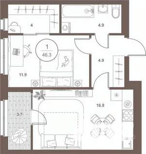 1-к квартира, вторичка, 46м2, 2/16 этаж