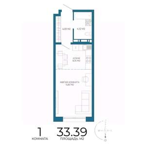 1-к квартира, вторичка, 33м2, 2/17 этаж