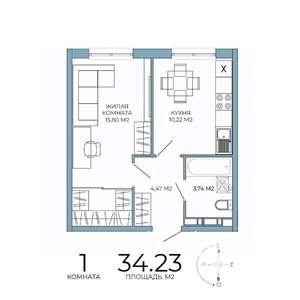 1-к квартира, строящийся дом, 34м2, 14/18 этаж