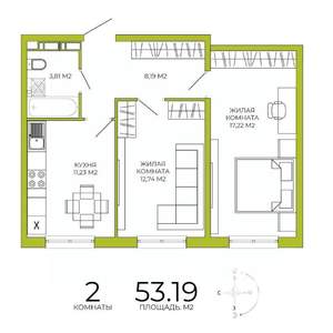 2-к квартира, строящийся дом, 53м2, 9/18 этаж