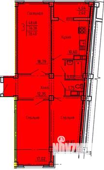 3-к квартира, строящийся дом, 78м2, 17/18 этаж
