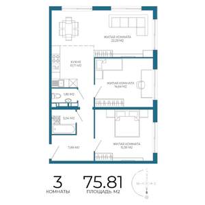 3-к квартира, строящийся дом, 76м2, 7/17 этаж