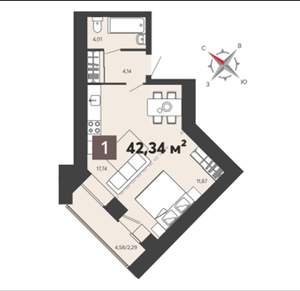 1-к квартира, вторичка, 42м2, 3/18 этаж