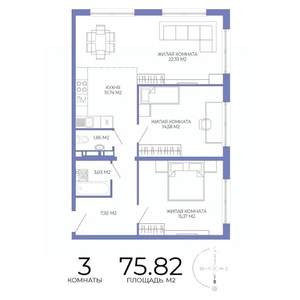 3-к квартира, строящийся дом, 76м2, 16/17 этаж